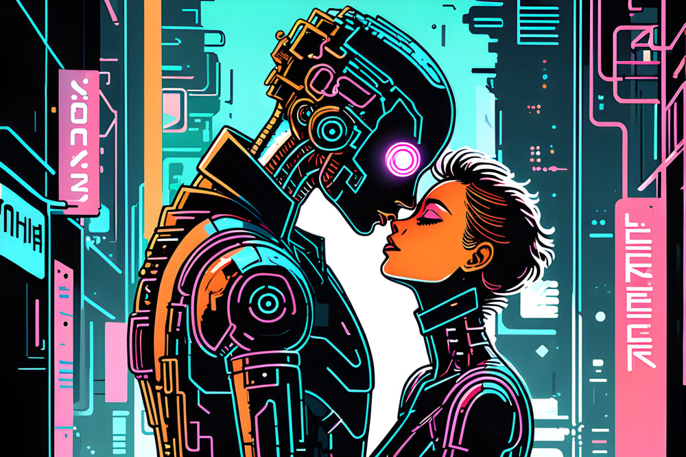 Human women kissing a synthetic robot.