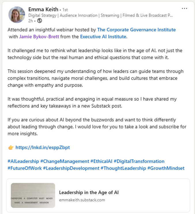 LinkedIn testimonial from Emma Keith about the Corporate Governance Institute AI leadership session