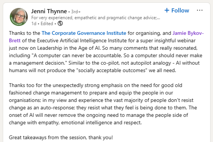 LinkedIn testimonial from Jenni Thynne about the Corporate Governance Institute AI leadership session