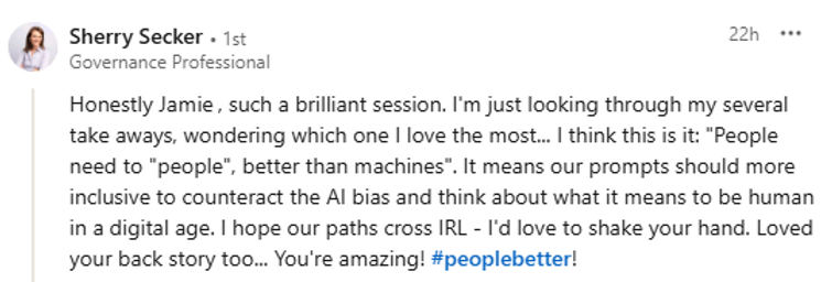 LinkedIn testimonial from Sherry Secker about the Corporate Governance Institute AI leadership session